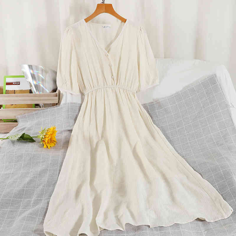 LoveFlowerLife Summer Casual Solid Sweet Dress A Line V Neck Single Breasted High Waist Mid-Calf Women Dresses 210521