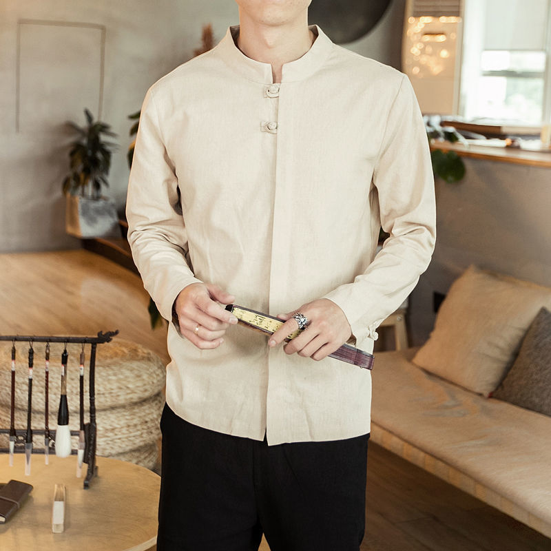IEFB Chinese Style Cotton Hemp Large Size Shirt Men's Long Sleeve Stand Collar Tang Suit Tops Spring Summer 9Y6021 210524
