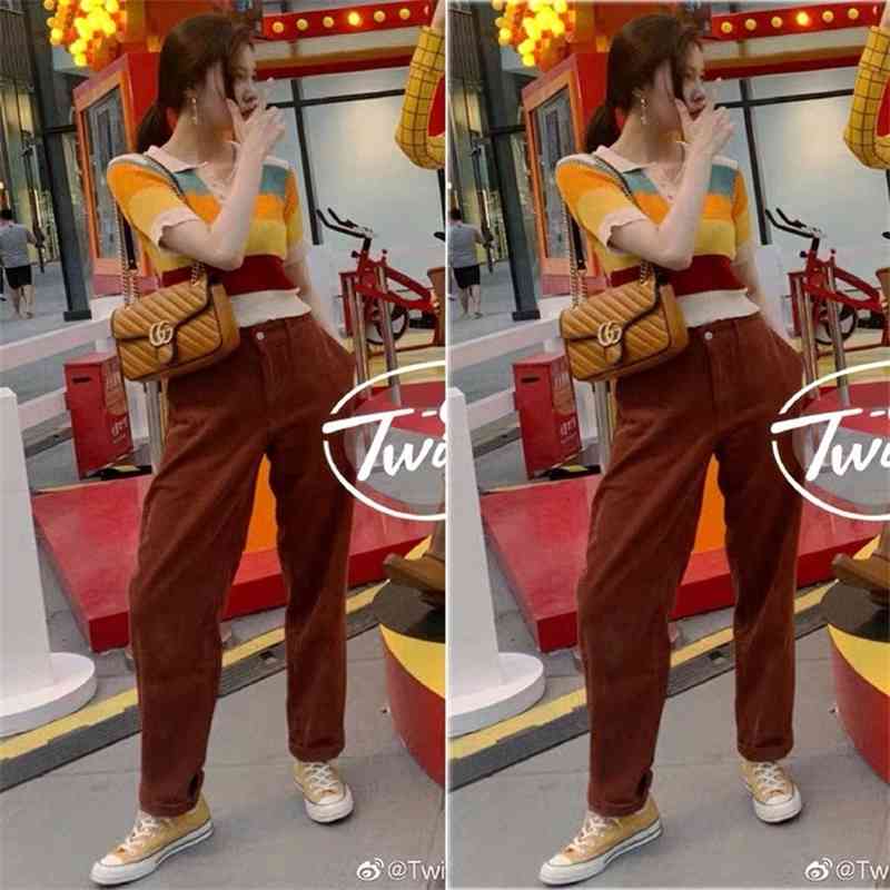 daisy flower colorful striped short top knitting crop tshirt summer women ropa mujer harajuku Tee 210421