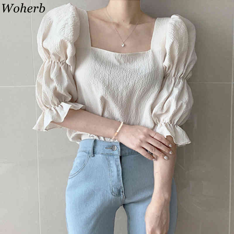 Korean Tops Mujer Chic Square Collar Puff Short Sleeve Pleated Blouse Chiffon Shirts Summer Clothes Fashion White Blusas 210519
