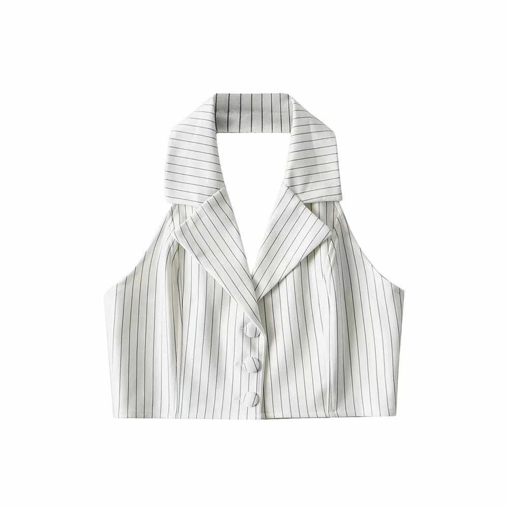 Summer Latest French Retro Striped Lapel Short Vest Female Sleeveless Sexy Backless Slim Short Top Single Breasted Suit Vest 210910