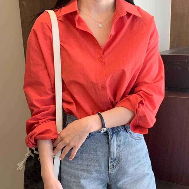 Korejpaa Women Shirt Summer Korean Chic Female Niche Basic Lapel Single-Breasted Loose-Fitting Casual Long-Sleeved Blouses 210526