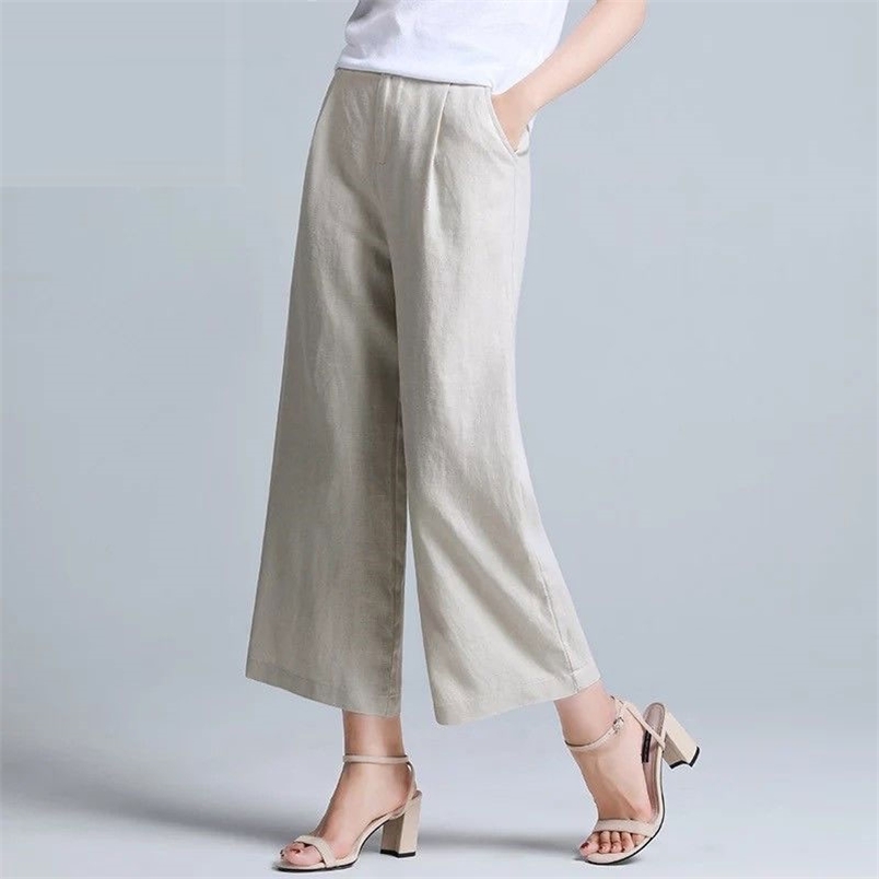 Summer Women Loose Ankle-length Pants Plus Size Elastic Waist Casual Wide Leg Solid Cotton Linen D56 210512