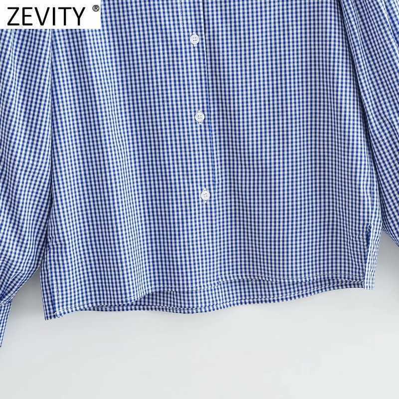 Zevity Women Sweet Peter Pan Collar Plaid Print Casual Blouse Office Lady Puff Sleeve Ruffle Retro French Shirt Chic Tops LS9274 210603
