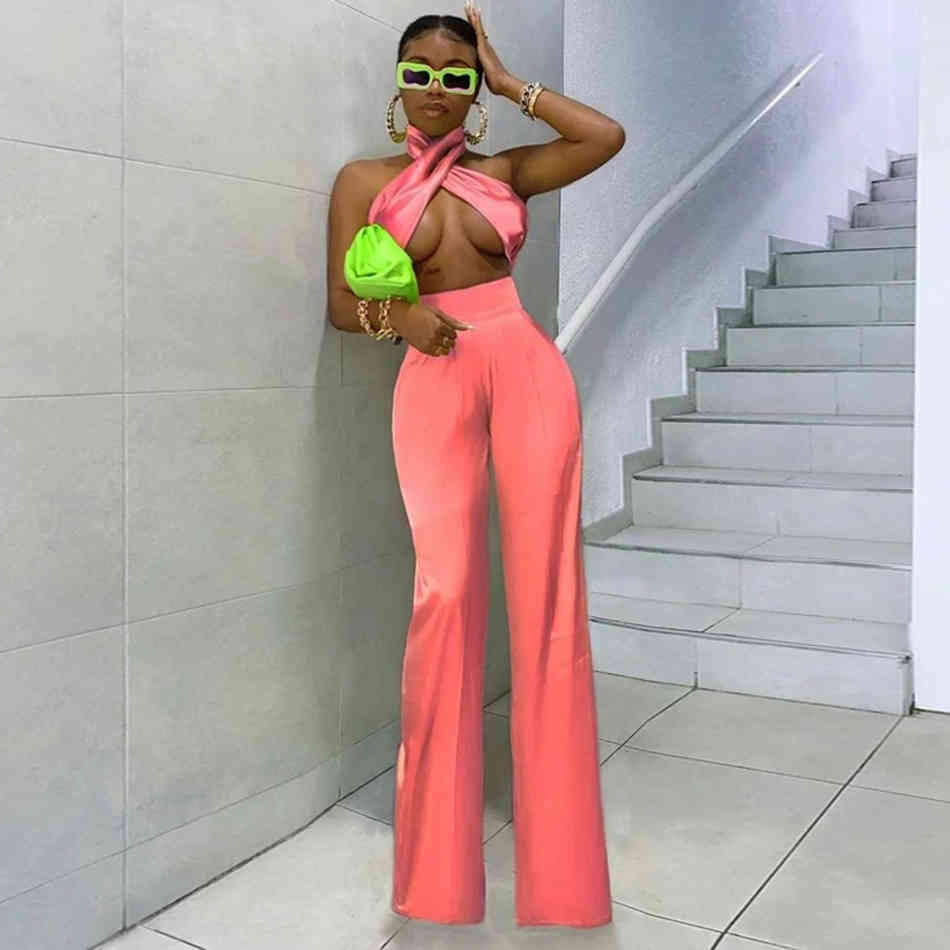 Free Summer Women's Satin Jumpsuit Sexy Sleeveless Halter Hollow Club Party Straight 210524