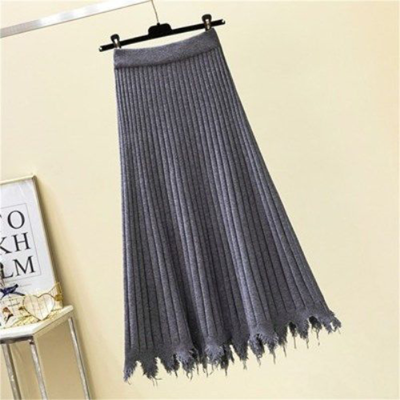 Autumn Winter Fashion Women High Waist Slim Knitted A-line Long Skirt All-matched Casual Tassel s Female Beige S232 210512
