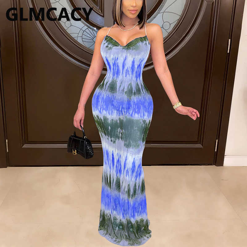 Spaghetti Strap Backless Abstract Printed Maxi Dress Casual Evening Party Long Vestidos 210702