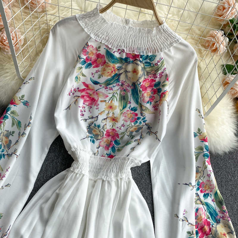 DEAT Spring Arrivals Print Round Collar Puff Sleeve High Waist Loose Vintage Style A-line Dress MZ509 210709