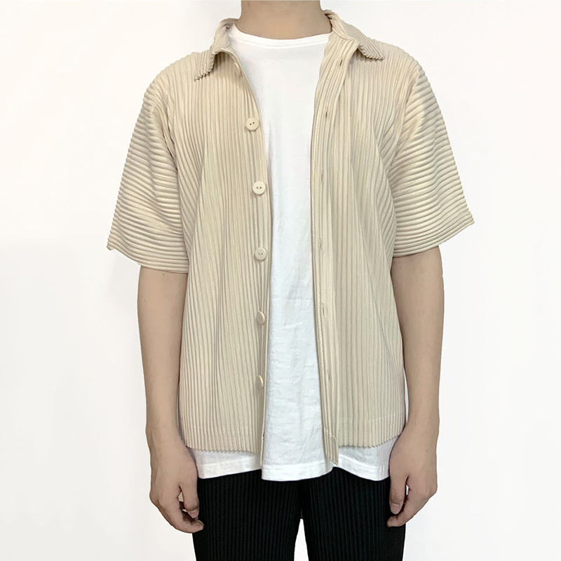 IEFB Pleated Men's Summer Casual Solid Color Single Breasted Short Sleeve Shirts Off Shoulder Loose Oversized Tops 9Y6744 210524