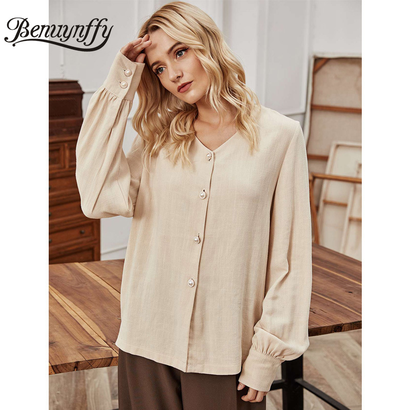 V-neck Button Up Bishop Sleeve Linen Women Shirts Autumn Basic Solid Casual OL Top Bloses Long Loose 210510