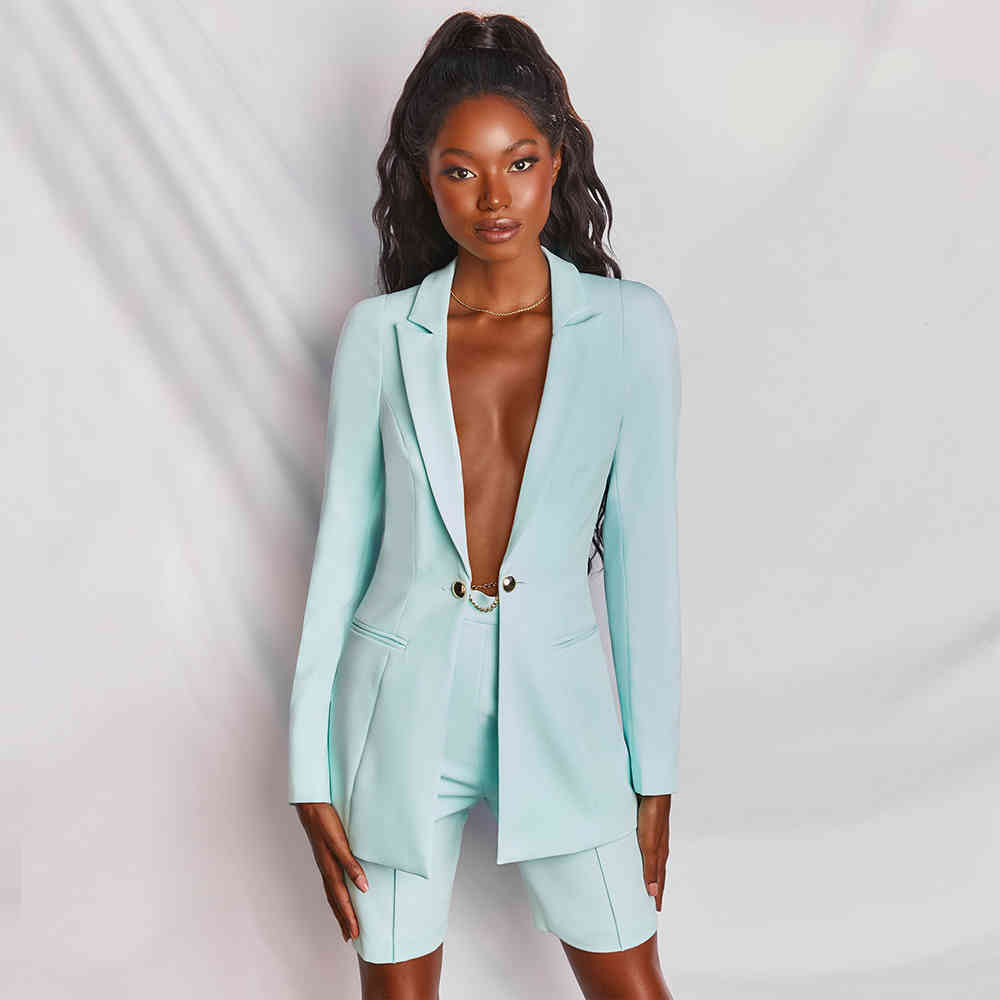 Summer Women Fashion 2 Two Pieces Sets Sexy Long Sleeve Coats & Half Shorts Buttons Celebrity Runway Party 210423