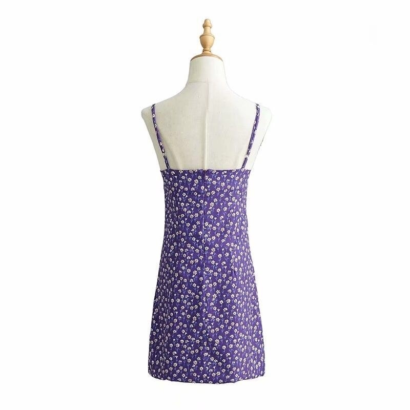 Sexy French Purple Floral Print Spaghetti Strap Women Mini Dress Square Collar Sling Holiday Dresses 210429