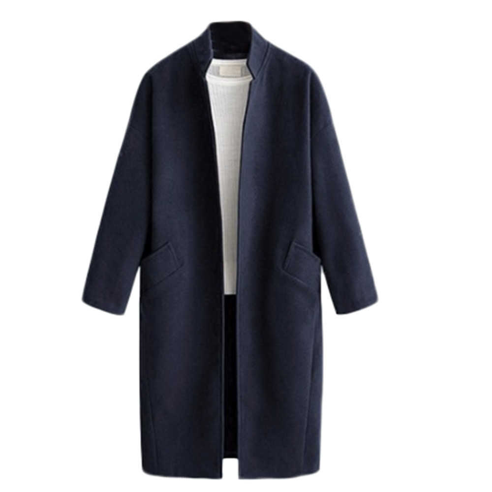 Women Blend Coat Winter Fashion Warm Stand Collar Wool Cardigan Jacket Casual Loose Parka Overcoat Plus Size Long Seleve Outwear 210526