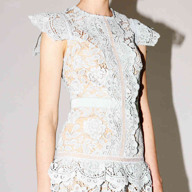 Summer Elegant Blue Lace Irregular Ruffles Mini Party Dress Women Runway O-neck Short Sleeve Floral Hollow Out Slim 210506