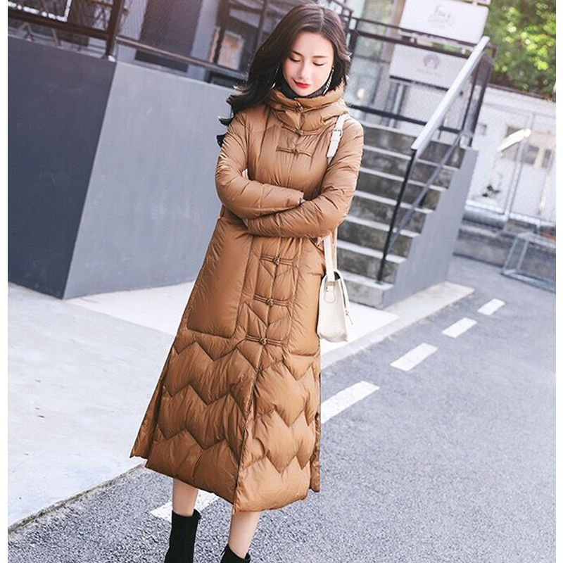 National Style Vintage Down Coat Women X-long White Duck Jacket Button Big Pocket Womens Warm winter Jackets D265 210512