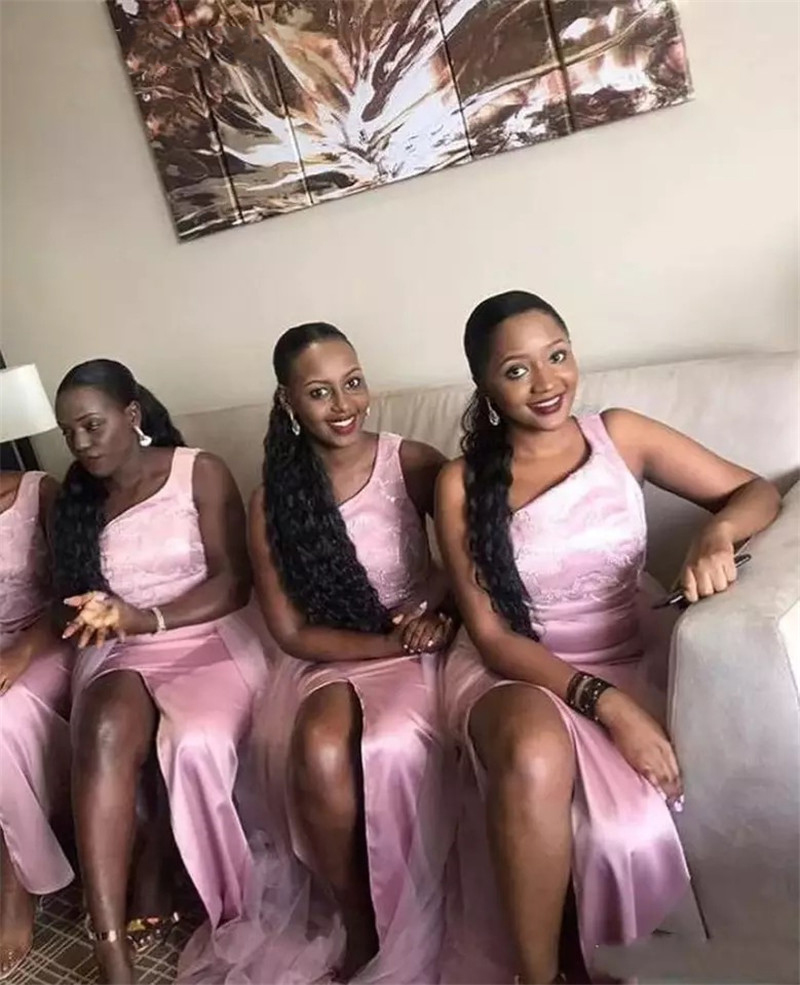 One Shoulder Bridesmaid Dresses Mermaid Side Slit Silk Satin Lace Bridesmaid Dresses Lace Up Wedding Party Bridemaid Dresses