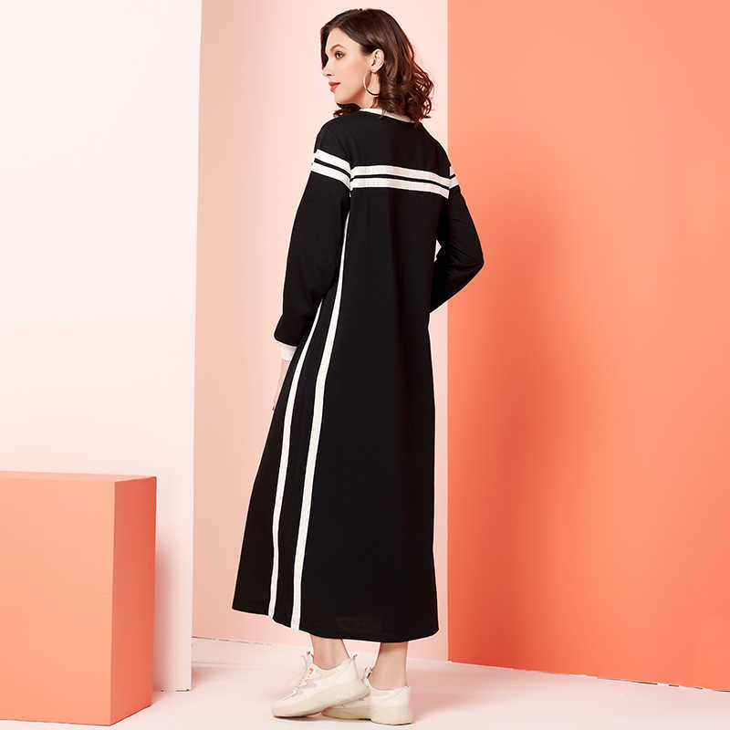 Womens Casual Dress Black White Patchwork Plus Striped O Neck Long Sleeve Maxi Dresses 210706