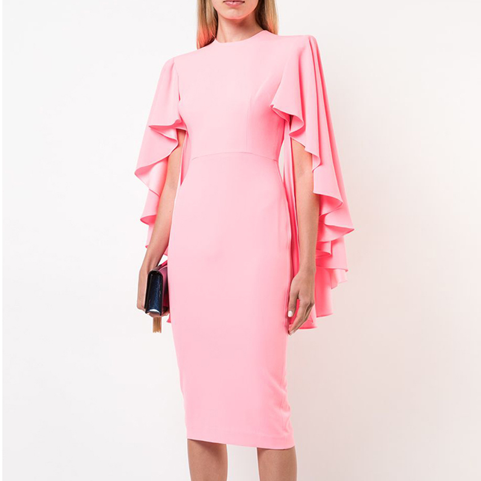 Summer Women Pink Ruffles Bodycon Bandage Dress Sexy O Neck Midi Celebrity Evening Club Party Chic Ladies Dresses 210423