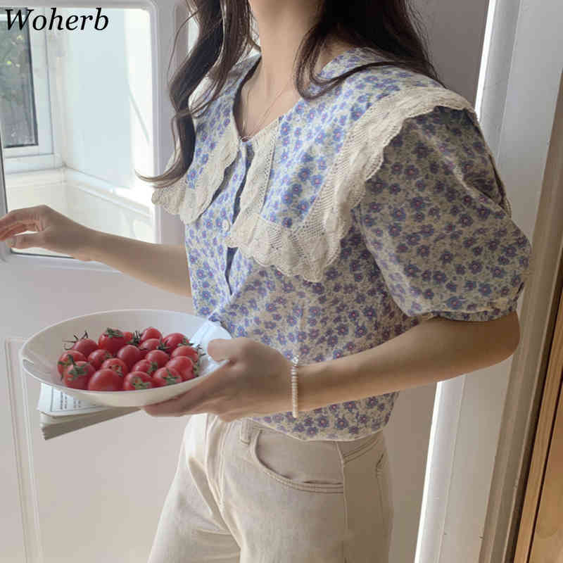 Puff Sleeve Blouses Women Lace Peter Pan Collar Tops Floral Print Summer Vintage Korean Blusas Mujer Cute Shirt Ins 210519