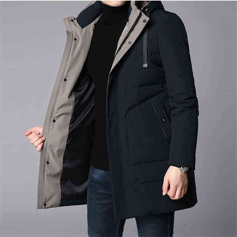 Winter Jacket Men White Duck Down Jacket Thick Warm Long Hooded Mens Solid Color Down Coats Fashion Casual Men Clothing 211104