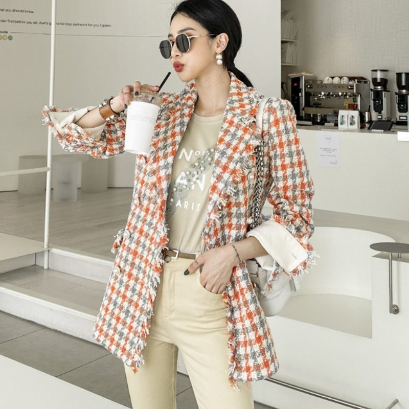 Korean Autumn Elegant Office Lady Fashion Winter Jackets Women Tassel Vintage Plaid Tweed Coat Women Clothes Mujer 210518