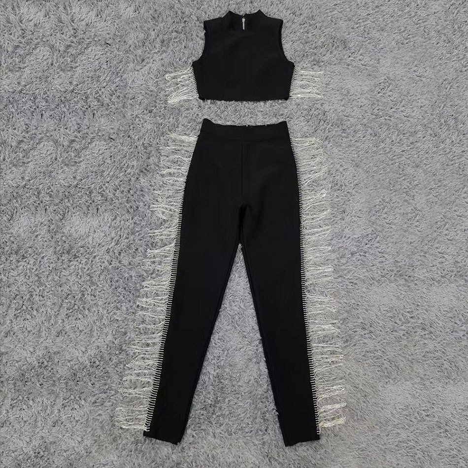 Free Women Bandage Costume Set Black Sexy O-neck Sleeveless Fringed Short Top & Pants Two-piece Club Party 210524