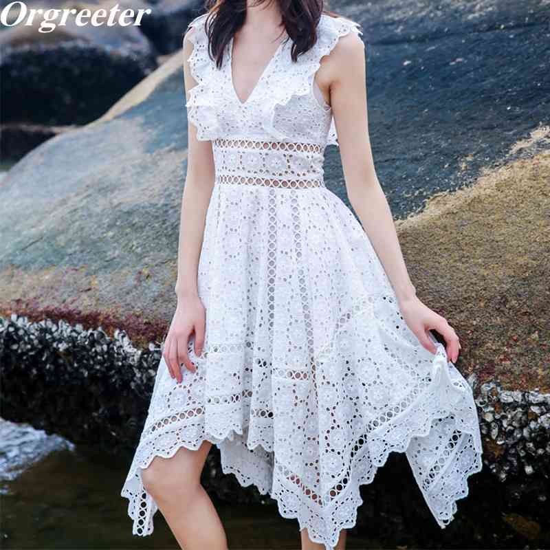 High Quality Pink/White Lace Dress Robe Femme Summer V-neck Embroidery Hollow Out irregular Midi 210525
High Quality Pink/White Lace Dress Robe Femme Summer V-neck Embroidery Hollow Out irregular Midi 210525