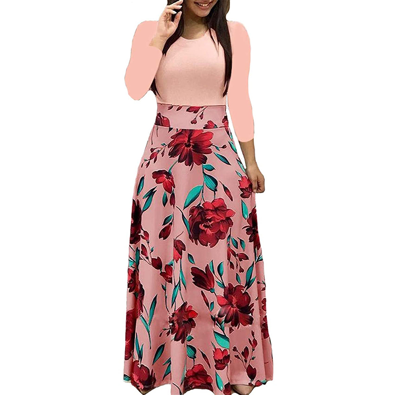 Summer Women Casual Bohemian Dresses Printed Splicing Floral Banquet Round Neck Long Sleeve Tight A-Line Dress Plus Size
