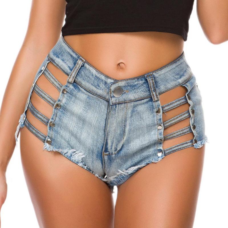 Women Denim Sexy Shorts Fashion Straps Hollow Out Club Style Mid Waist Button Zipper Tassel Short Jeans Drop Women's