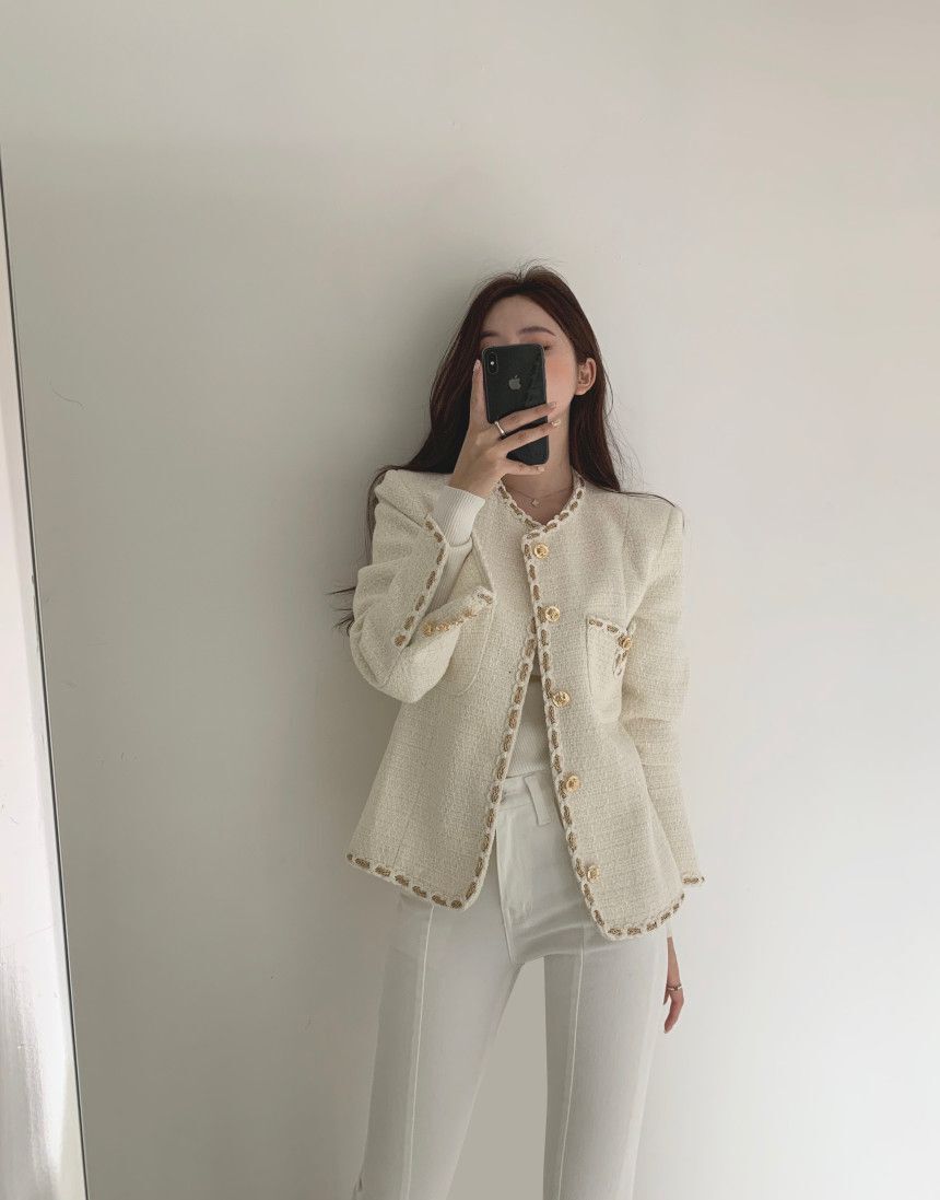 2021 Autumn new design womens o-neck long sleeve tweed woolen solid color gold buttons decoration OL fashion jacket coat