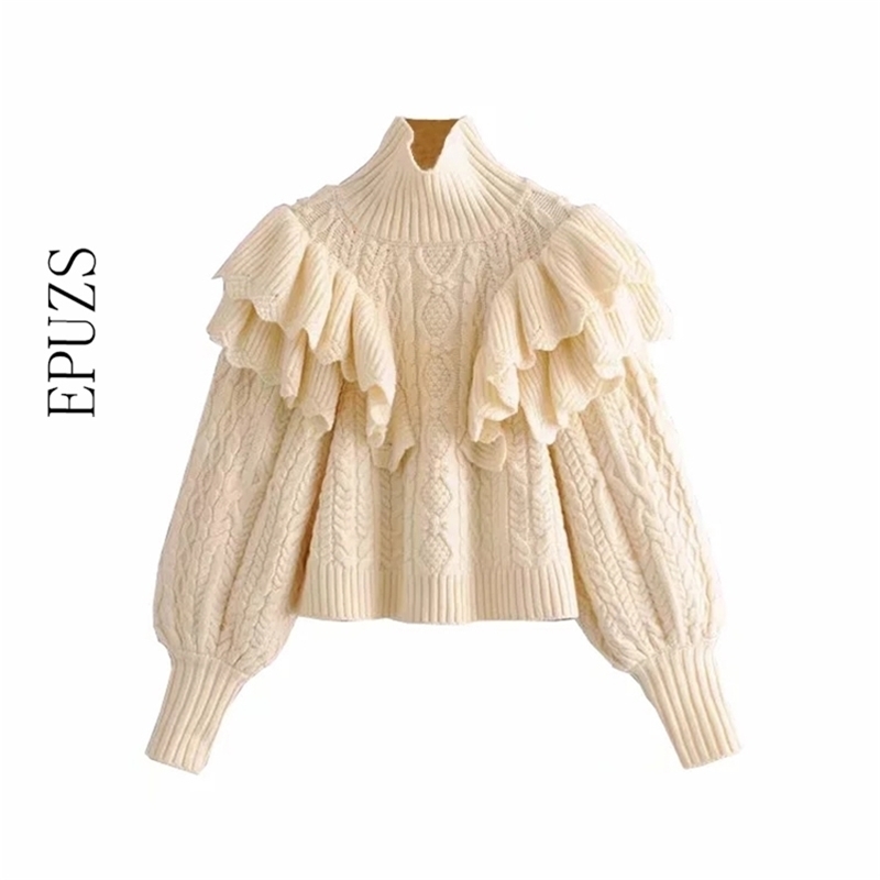 elegant ruffle turtleneck sweater women pullovers long sleeve knitted casual pull femme winter clothes 210521