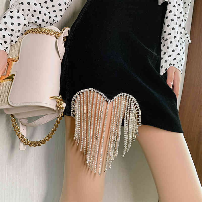 VGH Black Sexy Skirt For Women High Waist Patchwork Diamonds Tassel A Line Casual Mini Dresses Female Korean Summer Fashion 210421