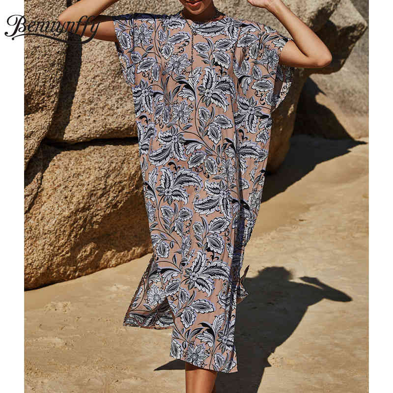 Crew Neck Tie Back Print Loose Dresses Women Summer Raglan Slevee Beach Style Casual Split Long Dress 210510