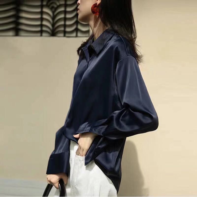 Spring Simple Casual Shirt Top Female Solid Loose Long Grey Satin Blouse White Office Lady Women Sleeve Streetwear 210421