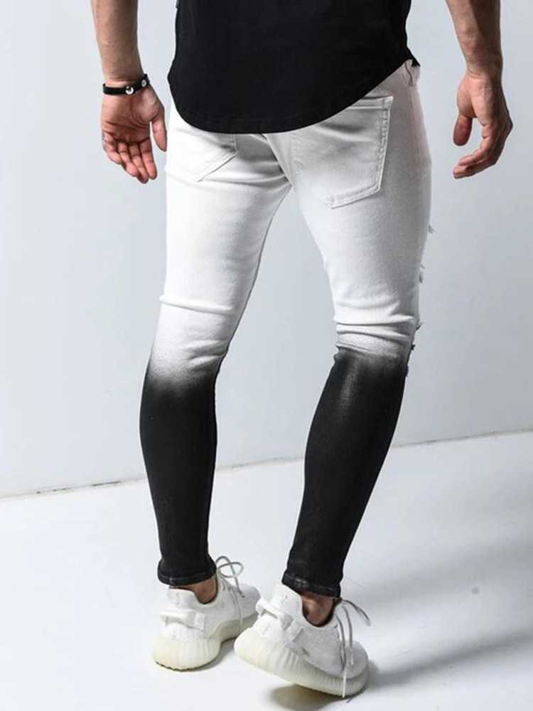 Springtime Men's Skinny Stretch Ripped Male Jeans Slim Fit Denim Trousers Streetwear Gradient White Black Jogging Jeans Men X0621