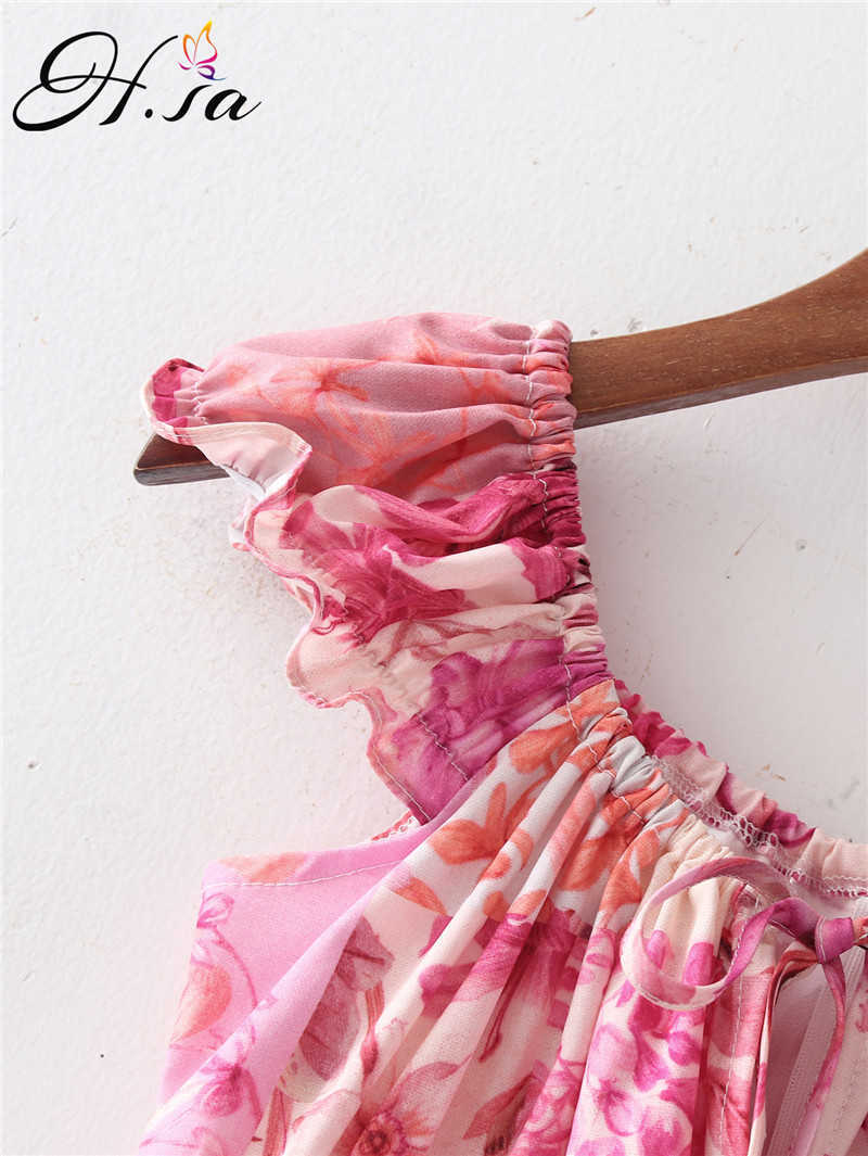 Hsa Summer Floral Dress SexyOff Shouderl Beach Style Loose Pink Holiday Vestidos Bow Tie Cascading Mini Dress Robe Boho 210716