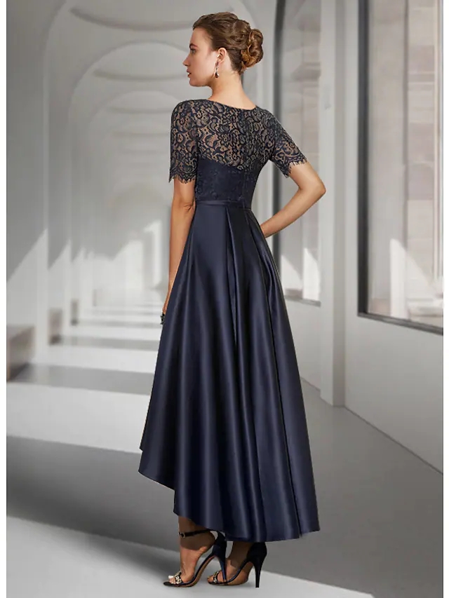 Dark Navy High Low Cocktail Party Prom Dress Jewel Neck Asymmetrical Lace Satin Short Sleeve Formal Gown 2022 Robe De Soiree Vestidos