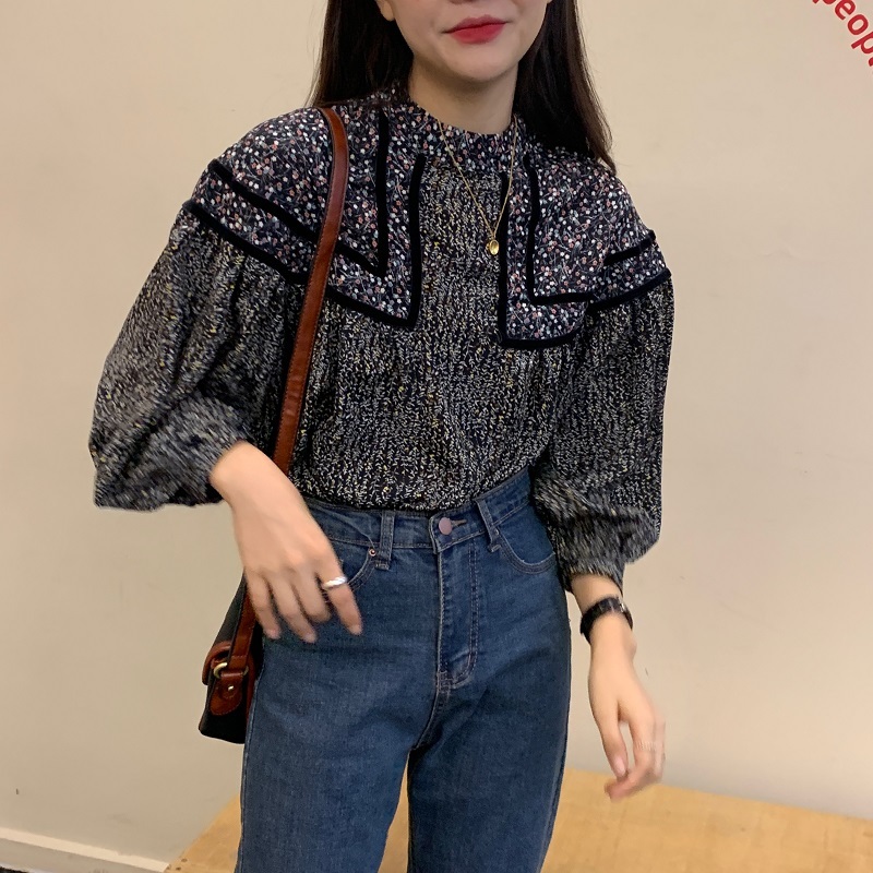 Autumn Vintage Women Tops And Bloues Stand Collar Lantern Sleeve Blouse Long Top Korean Fashion Clothing 210427