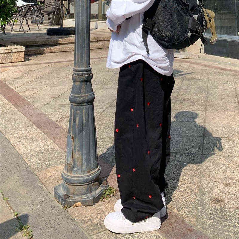 Women's Jeans Streetwear Casual Heart Shaped Embroidery Elastic Waist Vintage Baggy Straight Denim Trouser Mom Wide Leg Pants 211111