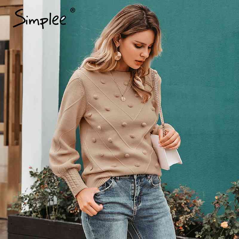 Elegant fur pompon women sweater Autumn winter lantern sleeve knitted sweater female Streetwear ladies pullover jumper 210805
