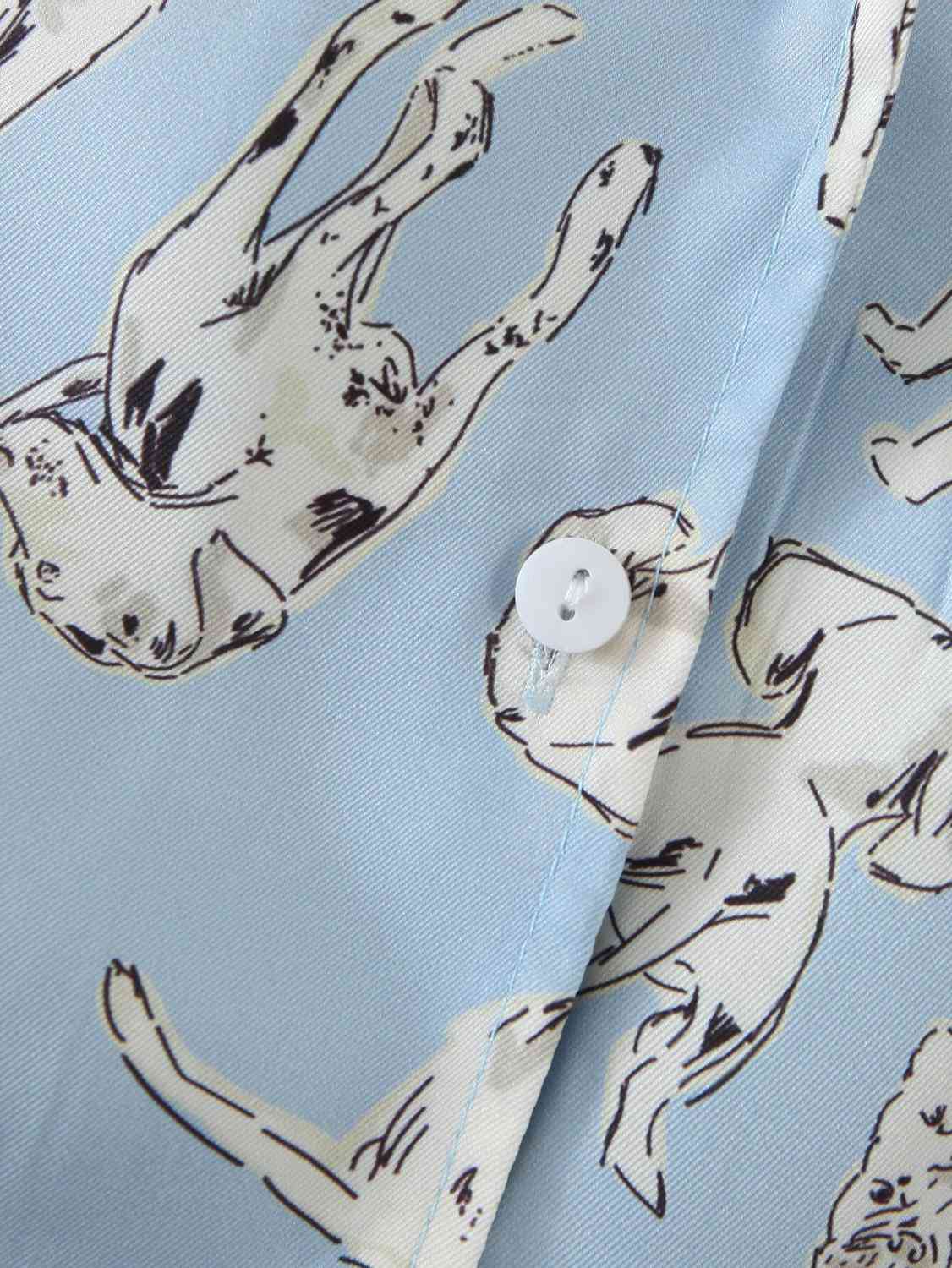 CHIC Skyblue Lapel Animal Dog Print Shirt Retro Woman Loose Long sleeve Blouse Short Tops Blousas 210429