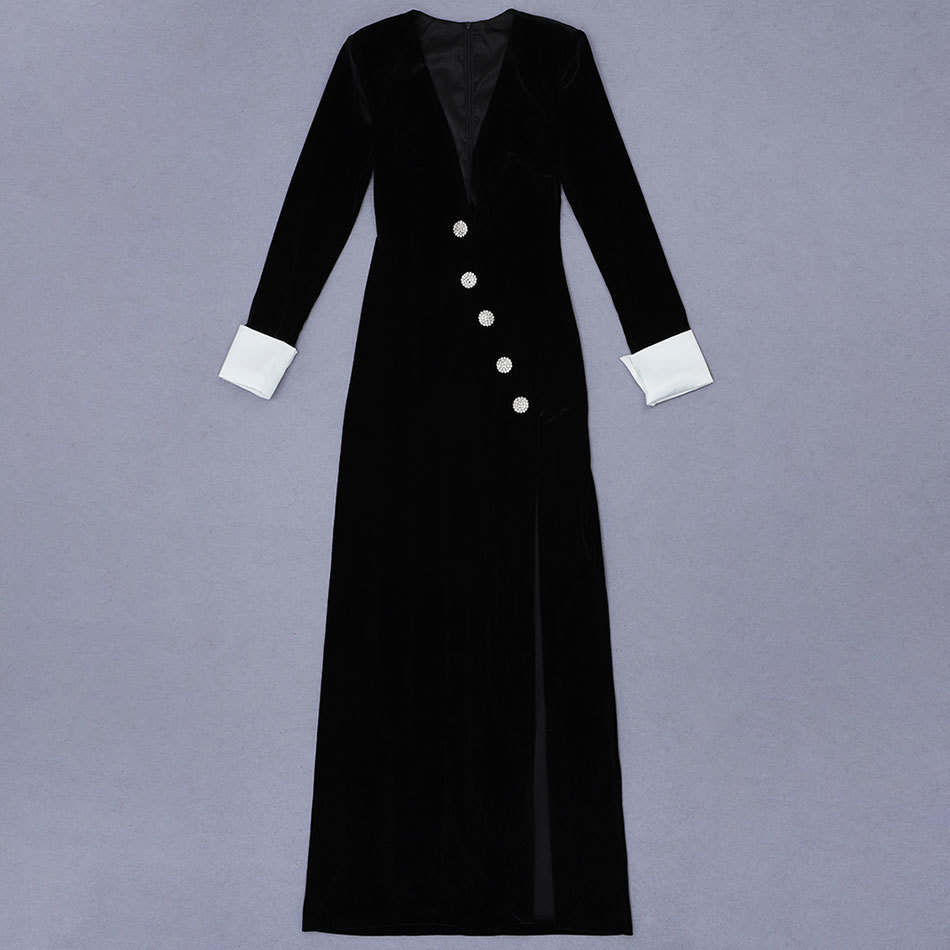 Free Women's Runway Long Dress Black Velvet V-neck Sleeve Bodycon Split Club Evening Party es 210524
