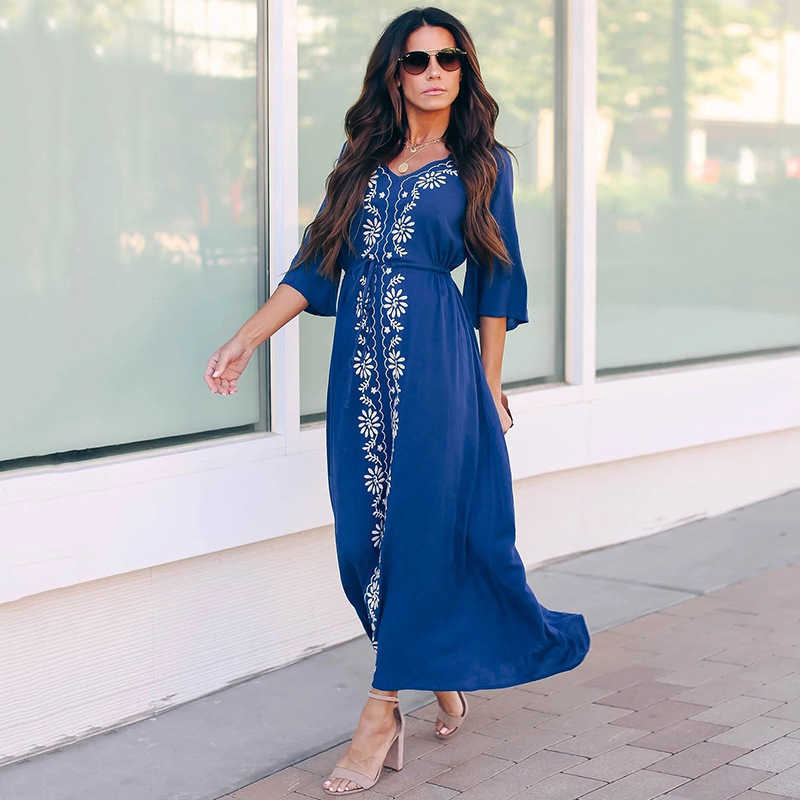 Embroidery V-neck Drawstring Tunic Beachwear Ankle-length Robe Summer Loose Slim Fit Swimming Suit Cover Ups for Women 210604