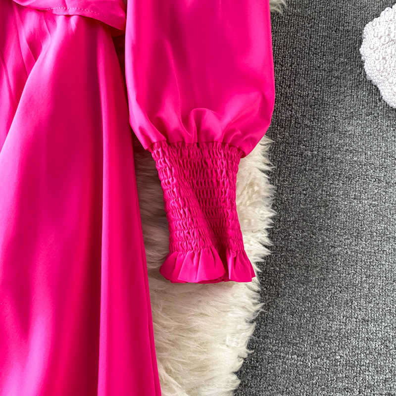 Spring Summer Fashion Color Block Holiday Dres Lantern Sleeve V-Neck Contrast Fold Crossing Ladies Long 210623