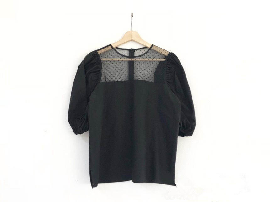 Casual Blouse Women Tops Solid Chic Short Puff Sleeve Korean Blusas Dot Print Mesh Shirt All Match Elegant Blouses 210519