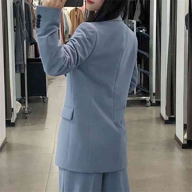 Elegant Women Blue Notched Collar Blazers Fashion Ladies Double Breasted Jacket Causal Female Chic Pocket Coats 210527