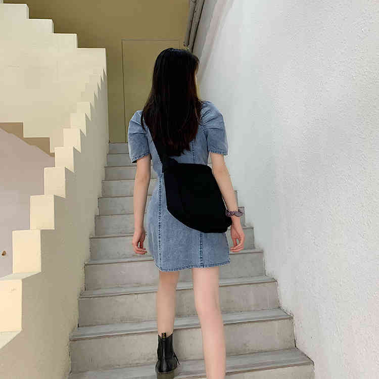 XS-XL summer mini dress korean style solid color square collar denim dress womens off shoulder jeans dresses (71050) 210423