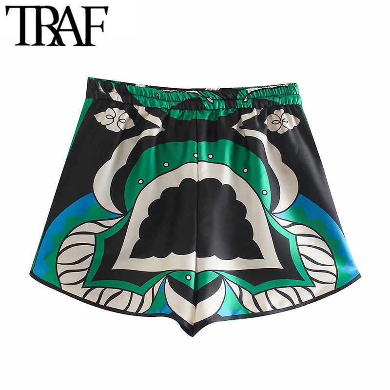 TRAF Women Fashion Side Pockets Printed Bermuda Shorts Vintage High Elastic Waist Vents Female Short Pants Mujer 210724