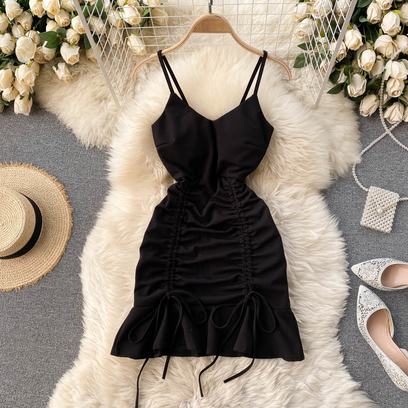 New Sexy V-neck Spaghetti Strap Sleeveless Mini Bodycon Dress Summer Women Slim Waist Drawstring Ruched Ruffles Party Dress 210325