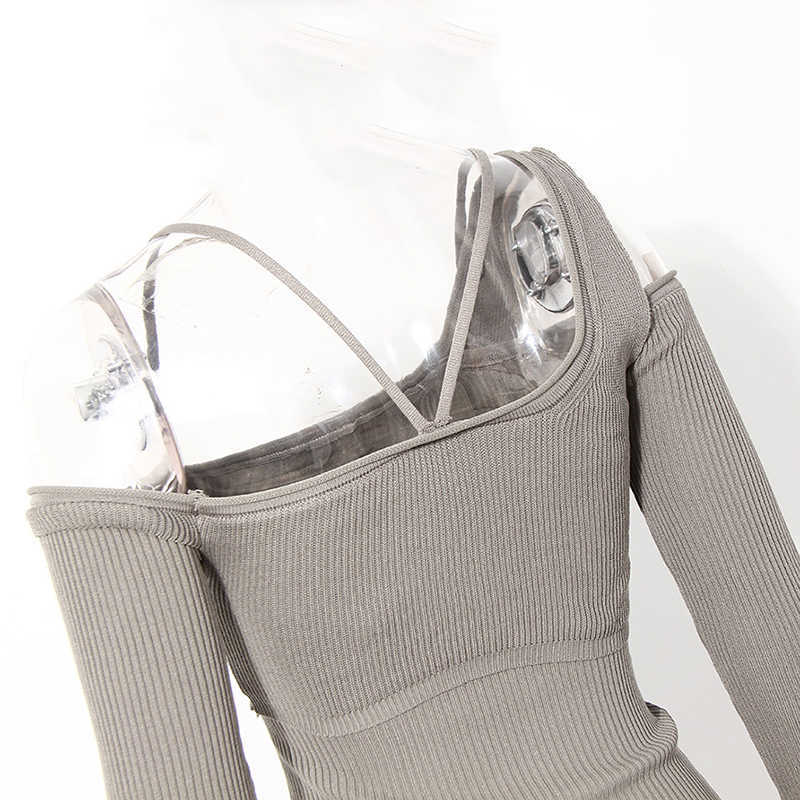 Hollow Out Gray Knitting Sweater Loose Fit Slash Neck Long Sleeve Women Pullovers Fashion Autumn Winter 1DD2267 211011Z